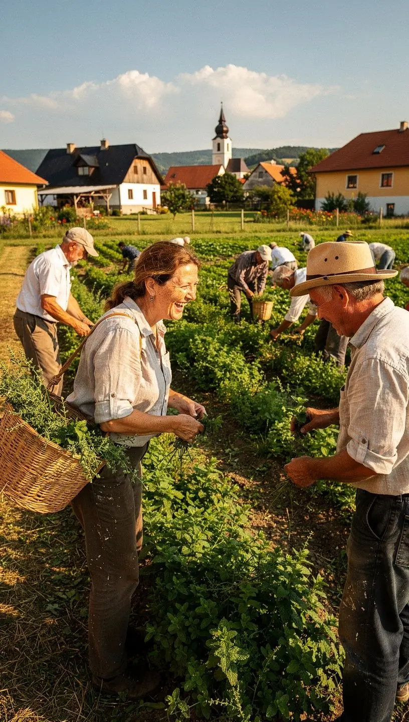 Skupina ľudí vychutnávajúca si čaj na terase s krásnym výhľadom.
